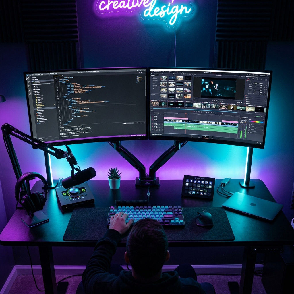 Creative workstation with coding, video, and audio editing screens